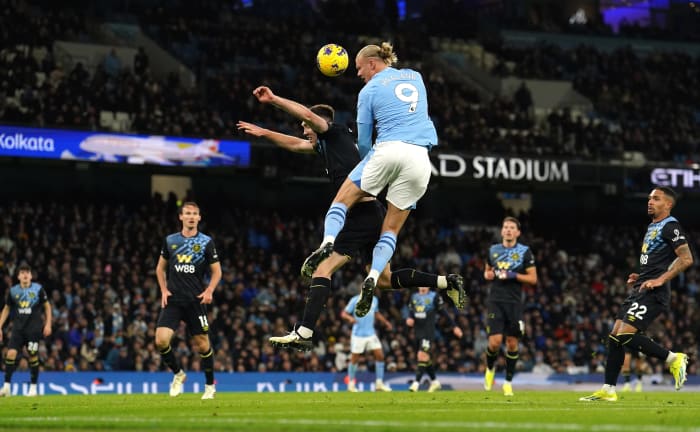 Manchester City striker Erling Haaland pictured (no.9) during his team's 3-1 win over Burnley in January 2024
